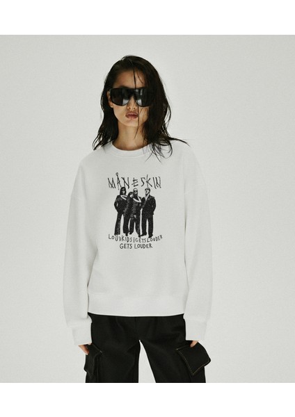 Kadın Bisiklet Yaka Maneskin Sweatshirt Regular Fit Nefes Alan Baskılı Pamuklu