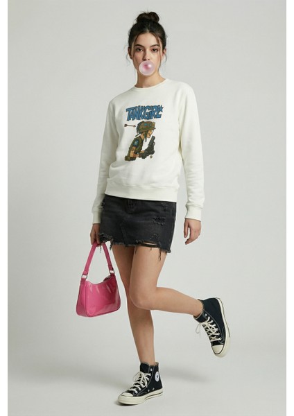 Kadın Bisiklet Yaka Tank Girl Sweatshirt Regular Fit Nefes Alan Baskılı Pamuklu