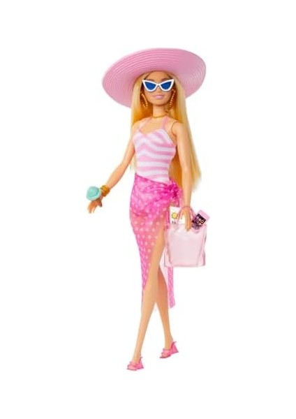 Mayosu ve Plaj Temalı Aksesuarları Olan Sarışın Bebek, Pembe ve Beyaz Mayosu, Şapkası, El Çantası ve Plaj Temalı Aksesuarları Olan Sarışın Bebek, HPL73