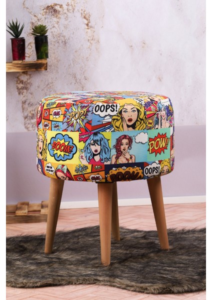 Mutlu Evimiz Pop Art Desenli Puf – Renkli Çizgi Roman Baskılı Ahşap Ayaklı Yuvarlak Dekoratif Puf Comic Style Puf – Pop Art Baskılı Renkli Yuvarlak Ahşap Ayaklı Genç Odası Pufu