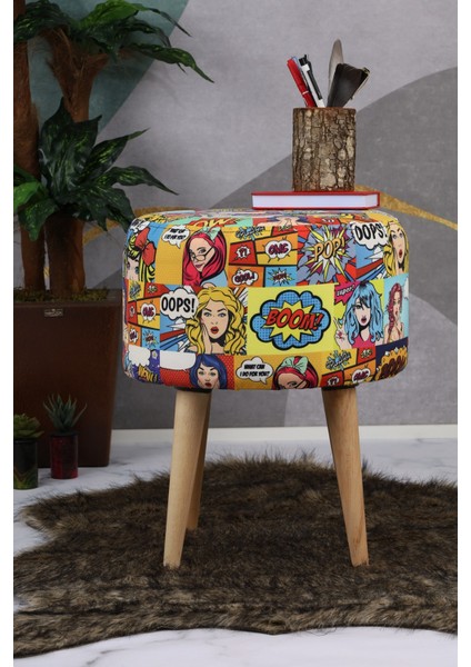 Mutlu Evimiz Pop Art Desenli Puf – Renkli Çizgi Roman Baskılı Ahşap Ayaklı Yuvarlak Dekoratif Puf Comic Style Puf – Pop Art Baskılı Renkli Yuvarlak Ahşap Ayaklı Genç Odası Pufu fiyatları