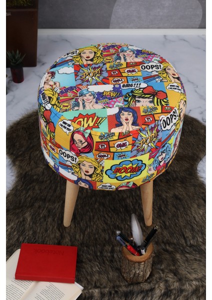 Mutlu Evimiz Pop Art Desenli Puf – Renkli Çizgi Roman Baskılı Ahşap Ayaklı Yuvarlak Dekoratif Puf Comic Style Puf – Pop Art Baskılı Renkli Yuvarlak Ahşap Ayaklı Genç Odası Pufu modelleri