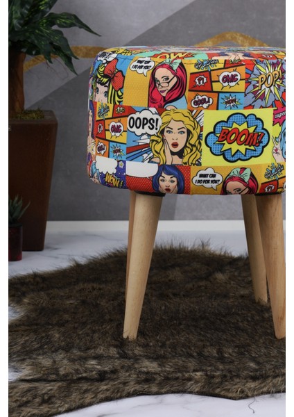 Mutlu Evimiz Pop Art Desenli Puf – Renkli Çizgi Roman Baskılı Ahşap Ayaklı Yuvarlak Dekoratif Puf Comic Style Puf – Pop Art Baskılı Renkli Yuvarlak Ahşap Ayaklı Genç Odası Pufu fırsatları
