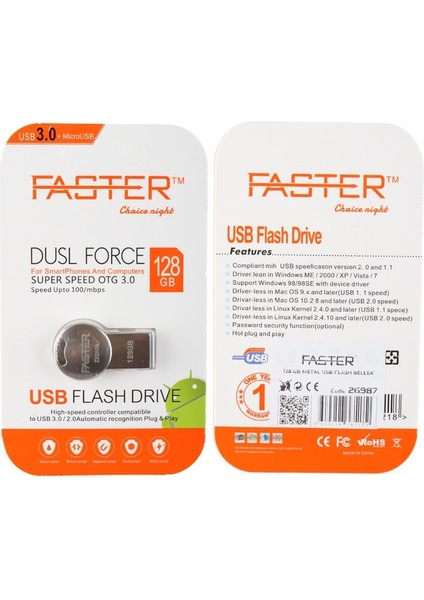 Faster 128 GB Dusl Serisi USB 3.0 Yüksek Hızlı Metal Flash Bellek fırsatları