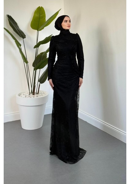 Sahra Dantel Kumaş Astarlı Balık Abiye Siyah