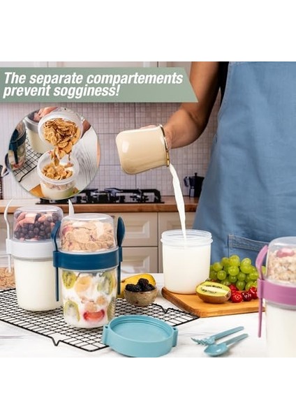 650 ml -Go Kaşıklı Hazneli Meyveli Müsli Kabı Piknik Iş Yoğurt Süt Bardağı Kapaklı ve Kaşıklı Kahvaltı Bardakları, Tahıl Tepesi Yulaf Ezmesi Granola (4&apos;lü Set)