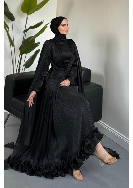 Rienne Pelerinli Pliseli Jan Jan Abiye Siyah