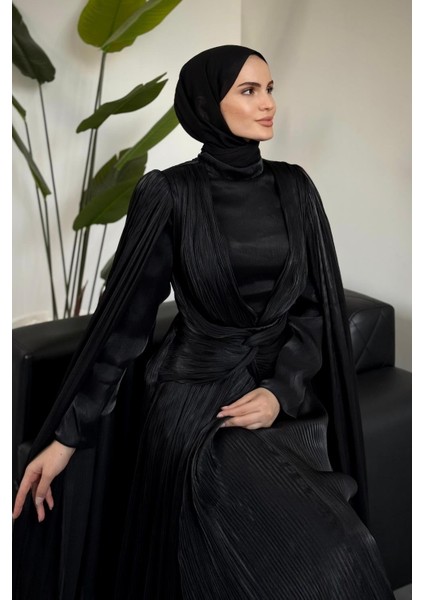 Rienne Pelerinli Pliseli Jan Jan Abiye Siyah modelleri