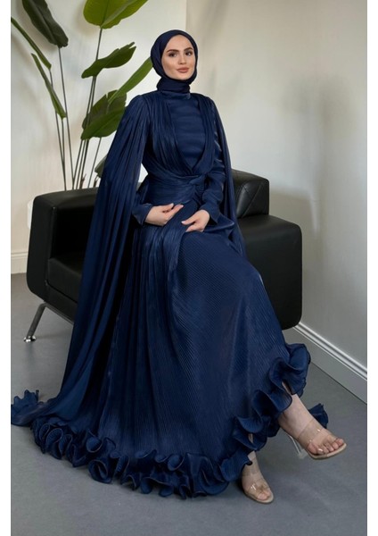 Rienne Pelerinli Pliseli Jan Jan Abiye Lacivert