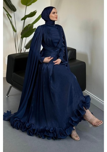 Rienne Pelerinli Pliseli Jan Jan Abiye Lacivert fiyatları