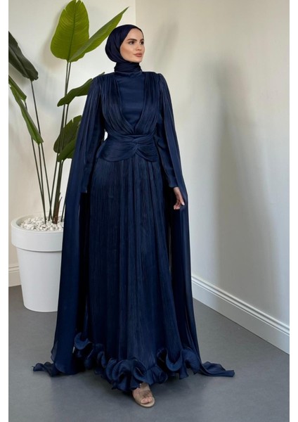 Rienne Pelerinli Pliseli Jan Jan Abiye Lacivert modelleri