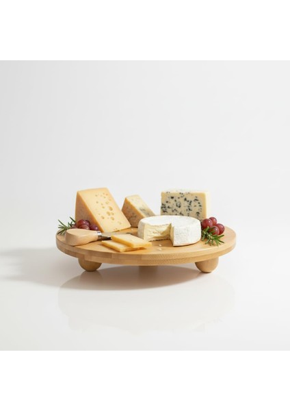 Bambu Top Ayaklı Yuvarlak Sunumluk – 25CM Çap Seçenekli Doğal Ahşap Servis Tabağı | Peynir, Meze, Kek Standı, Kahvaltı ve Charcuterie Board | Yükseltilmiş Masaüstü Tepsi (25 Cm)