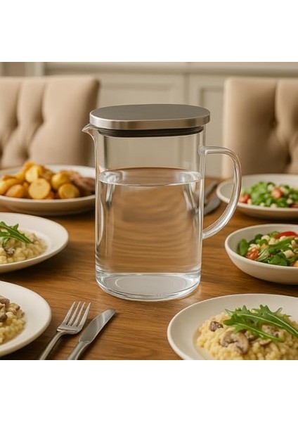 1800 ml Cam Sürahi ve 2’li Bardak Seti – Paslanmaz Çelik Kapaklı Dayanıklı Şeffaf Su, Çay, Meyve Suyu Servis Seti fiyatları