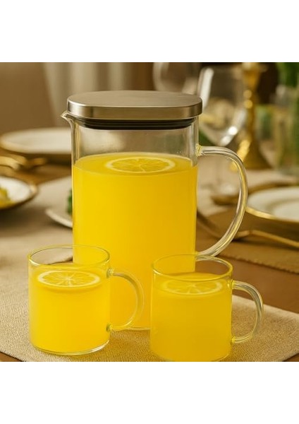 1800 ml Cam Sürahi ve 2’li Bardak Seti – Paslanmaz Çelik Kapaklı Dayanıklı Şeffaf Su, Çay, Meyve Suyu Servis Seti modelleri