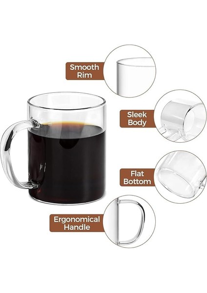 Borosilikat Cam 6&apos;lı Kupa Seti, Ergonomik Saplı, Düz Tabanlı, Pürüzsüz Kenarlı, Ince Tasarımlı, Içecekler Için, 200ML