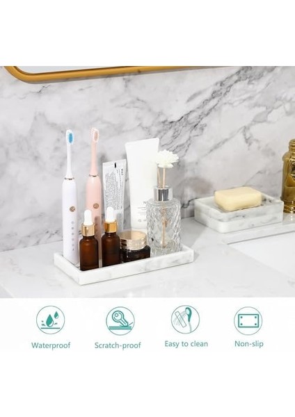 Tepsiler, 20X10CM Silikon Tezgah Tepsisi, Mutfak Lavabo Sabunluklu, Bulaşık Tutuculu Tezgah Üstü Tuvalet Tankı Masa Düzenleyici Mermer Desenli, Beyaz