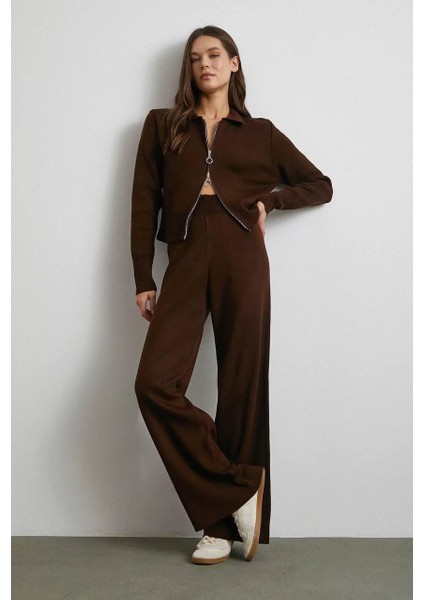 Kahverengi Çift Fermuarlı Triko Takım
