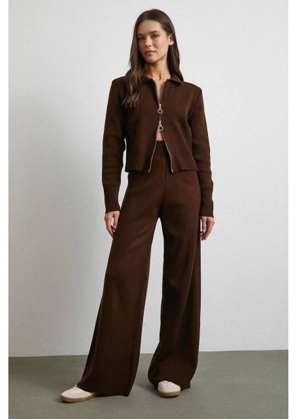 Kahverengi Çift Fermuarlı Triko Takım modelleri