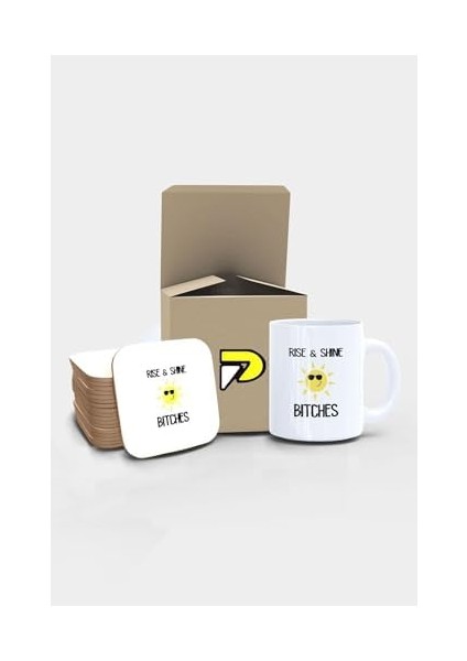 Rise And Bitches Güneş Komik Tasarımlı Baskılı Kupa Bardak Seti, Eğlenceli Özel Hediye Mug