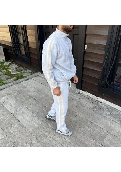 Erkek Çift Şeritli Eşofman Takım Dik Yaka Fermuarlı Sweatshirt Boru Paça Alt, Oversize 3 Iplik Pamuklu fiyatları
