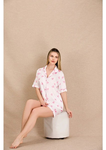 Lady Lingerie Gömlek Yakalı,kısa Kollu,kalp Desenli Şortlu Saten Kadın Takım