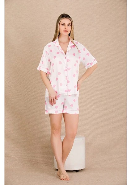 Lady Lingerie Gömlek Yakalı,kısa Kollu,kalp Desenli Şortlu Saten Kadın Takım fiyatları