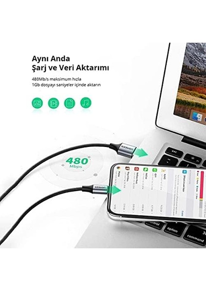 Lightning Örgülü Data ve Şarj Kablosu Siyah 1.5 Metre