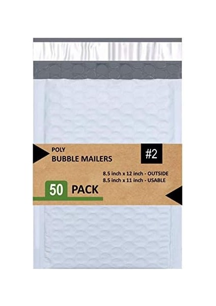 #2 Poly Bubble Mailers 20,5 x 30,5 cm Dolgulu Zarf Postası Su Geçirmez 50&apos;li Paket (PBM8512-50), Beyaz fiyatları