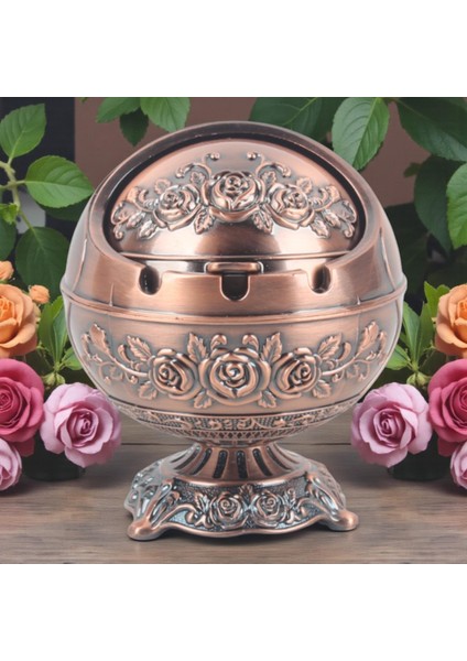 Lüks Gül Motifli Metal Top Rüzgar Geçirmez Küllük Tütsülük Çok Fonksiyonlu Dekoratif Obje Biblo Md 2