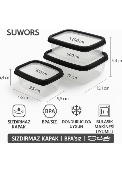 3’lü Sızdırmaz Saklama Kabı Seti (300ML + 600ML + 1200ML) | Şeffaf Plastik, Kapaklı, Buzdolabı, Yemek ve Mutfak Düzenleyici Saklama Kutusu