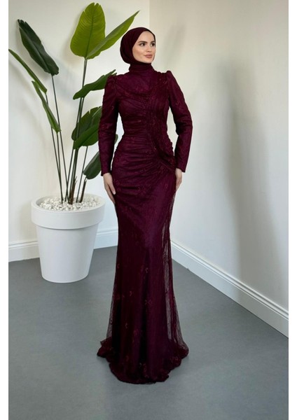 Sahra Dantel Kumaş Astarlı Balık Abiye Mürdüm