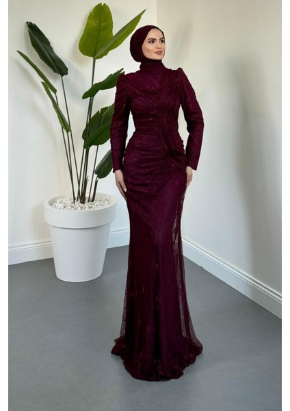 Sahra Dantel Kumaş Astarlı Balık Abiye Mürdüm fiyatları