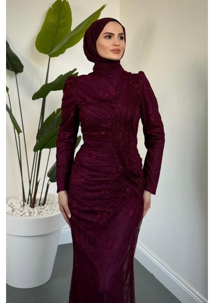 Sahra Dantel Kumaş Astarlı Balık Abiye Mürdüm modelleri