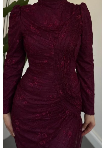 Sahra Dantel Kumaş Astarlı Balık Abiye Mürdüm