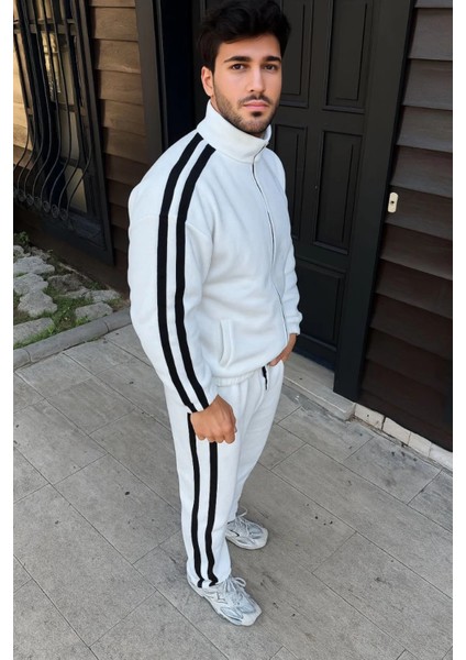 Erkek Çift Şeritli Eşofman Takım Dik Yaka Fermuarlı Sweatshirt Boru Paça Alt, Oversize 3 Iplik Pamuklu