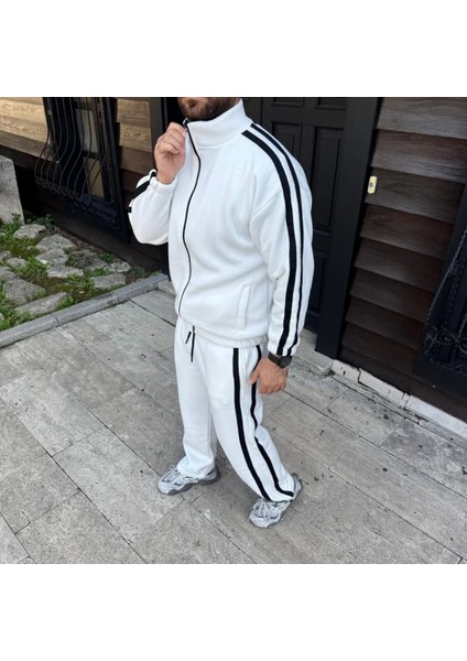 Erkek Çift Şeritli Eşofman Takım Dik Yaka Fermuarlı Sweatshirt Boru Paça Alt, Oversize 3 Iplik Pamuklu modelleri