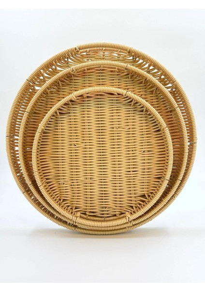 3&apos;lü Hasır Görünümlü Tepsi Seti – Sunumluk ve Dekoratif Hasır Sepet Tepsi, Şık ve Estetik Servis Tepsisi, Mutfak ve Sofra Için Dayanıklı Plastik Örgü (Sütlü Kahve Yuvarlak)