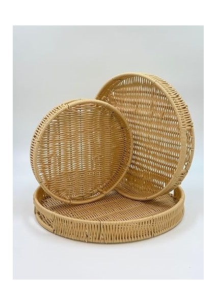 3&apos;lü Hasır Görünümlü Tepsi Seti – Sunumluk ve Dekoratif Hasır Sepet Tepsi, Şık ve Estetik Servis Tepsisi, Mutfak ve Sofra Için Dayanıklı Plastik Örgü (Sütlü Kahve Yuvarlak) fiyatları