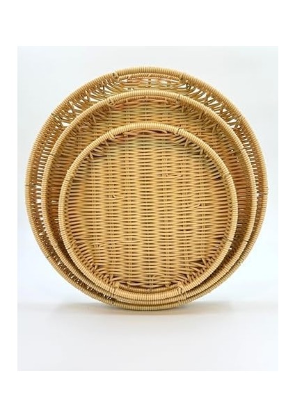 3&apos;lü Hasır Görünümlü Tepsi Seti – Sunumluk ve Dekoratif Hasır Sepet Tepsi, Şık ve Estetik Servis Tepsisi, Mutfak ve Sofra Için Dayanıklı Plastik Örgü (Sütlü Kahve Yuvarlak) modelleri