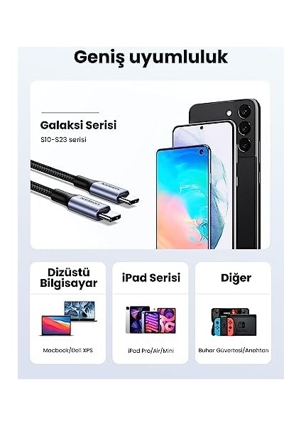 Ugreen USB C Auf USB C Kablo 60W Pd 2.0, Pps Usb-C Ladekabel 15 Pro Max ile Uyumlu Galaxy S23 S22 S21 A54 A34 A14 MacBook Air M2 iPad Pro 12.9 iPad Air 5/mini 6, 7 Pro Usw. (1m)