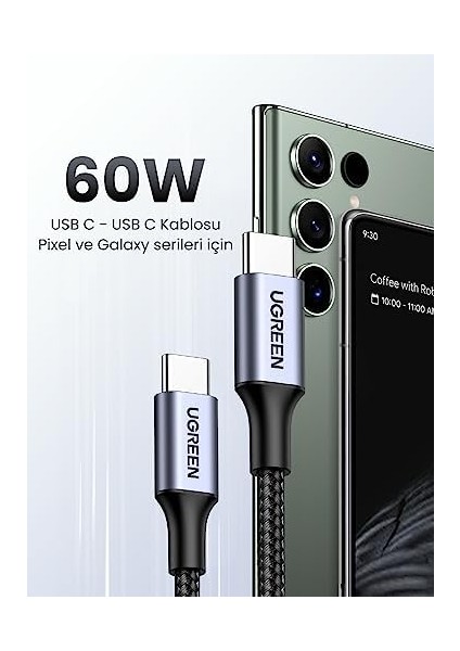 Ugreen USB C Auf USB C Kablo 60W Pd 2.0, Pps Usb-C Ladekabel 15 Pro Max ile Uyumlu Galaxy S23 S22 S21 A54 A34 A14 MacBook Air M2 iPad Pro 12.9 iPad Air 5/mini 6, 7 Pro Usw. (1m) modelleri