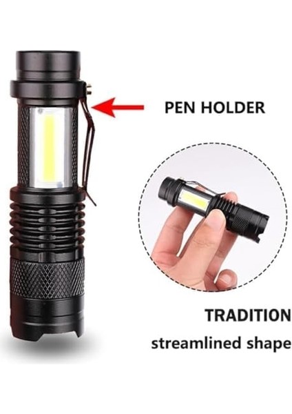 Mini Taktik El | 500 Lümen Zoomlu LED + Yan Cob Işık | 500 Mah USB Şarjlı, 3 Modlu, Gövde | Kompakt, Dayanıklı Kamp ve Acil Işığı fiyatları