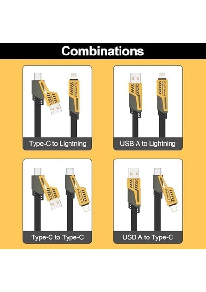 4’ü 1 Arada Hızlı Şarj Kablosu 100W – Type-C, Usb-A, Lightning, Çoklu Dönüştürücü Kablo | Pd 27W / Qc 4.0 Uyumlu, Naylon Örgü, Dolaşmaz Tasarım (Sarı/siyah)
