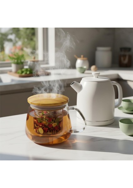 Bambu Kapaklı Cam Süzgeçli Kupa 350 ml | Bitki Çayı, Demleme Çay ve Kahve Kupası | Borosilikat Dayanıklı Cam | Sağlıklı ve Şık