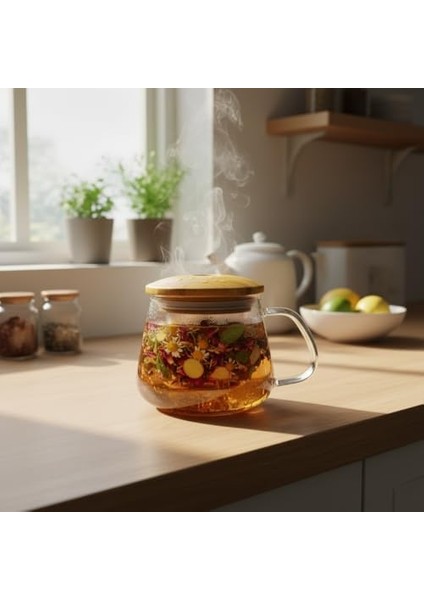 Bambu Kapaklı Cam Süzgeçli Kupa 350 ml | Bitki Çayı, Demleme Çay ve Kahve Kupası | Borosilikat Dayanıklı Cam | Sağlıklı ve Şık modelleri