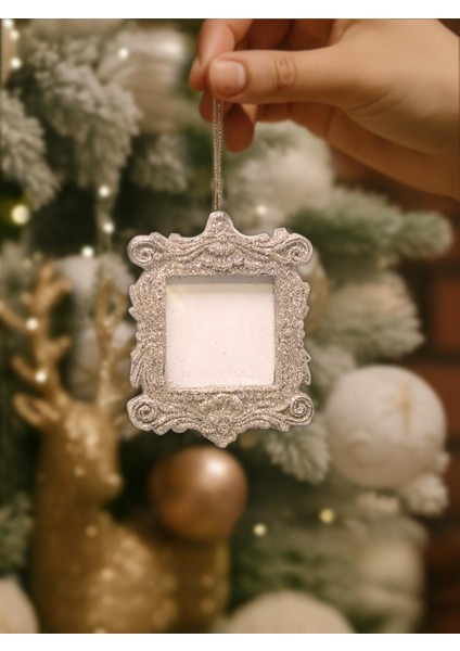 Yılbaşı Ağaç Süsü Simli Çerçeve Asılabilir Dekoratif Süs Şampanya 10 cm