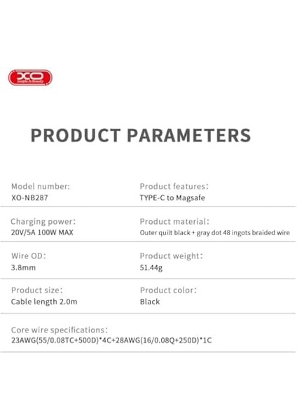 Xo Is Beauty Magsafe ile Uyumlu Kablo, Type-C To Mag 3 Şarj Kablosu – 100W Max Güç, 20V/5A Hızlı Şarj Destekli, 2m Örgü Kablo, Yüksek Güçlü Mıknatıs, Akıllı Çipli, NB287, Siyah