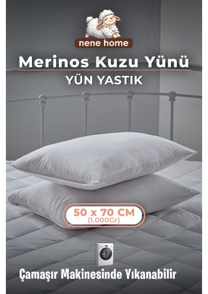 %100 Merinos Boncuk Kuzu Yünü Dolgulu & Pamuk Kumaş Yastık 50 x 70 cm Ebat , 1000 Gram