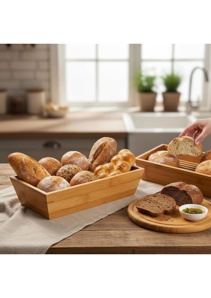 Bambu Ekmek Sepeti ve Sunumluk (33X15X7 Cm) | Doğal Ahşap Modern Meyve, Sebze ve Servis Sepeti | Antibakteriyel ve Şık Tezgah Üstü Düzenleyici