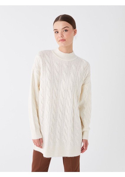 Yeni Sezon Yarım Balıkçı Yaka Kendinden Desenli Uzun Kollu Kadın Triko Tunik